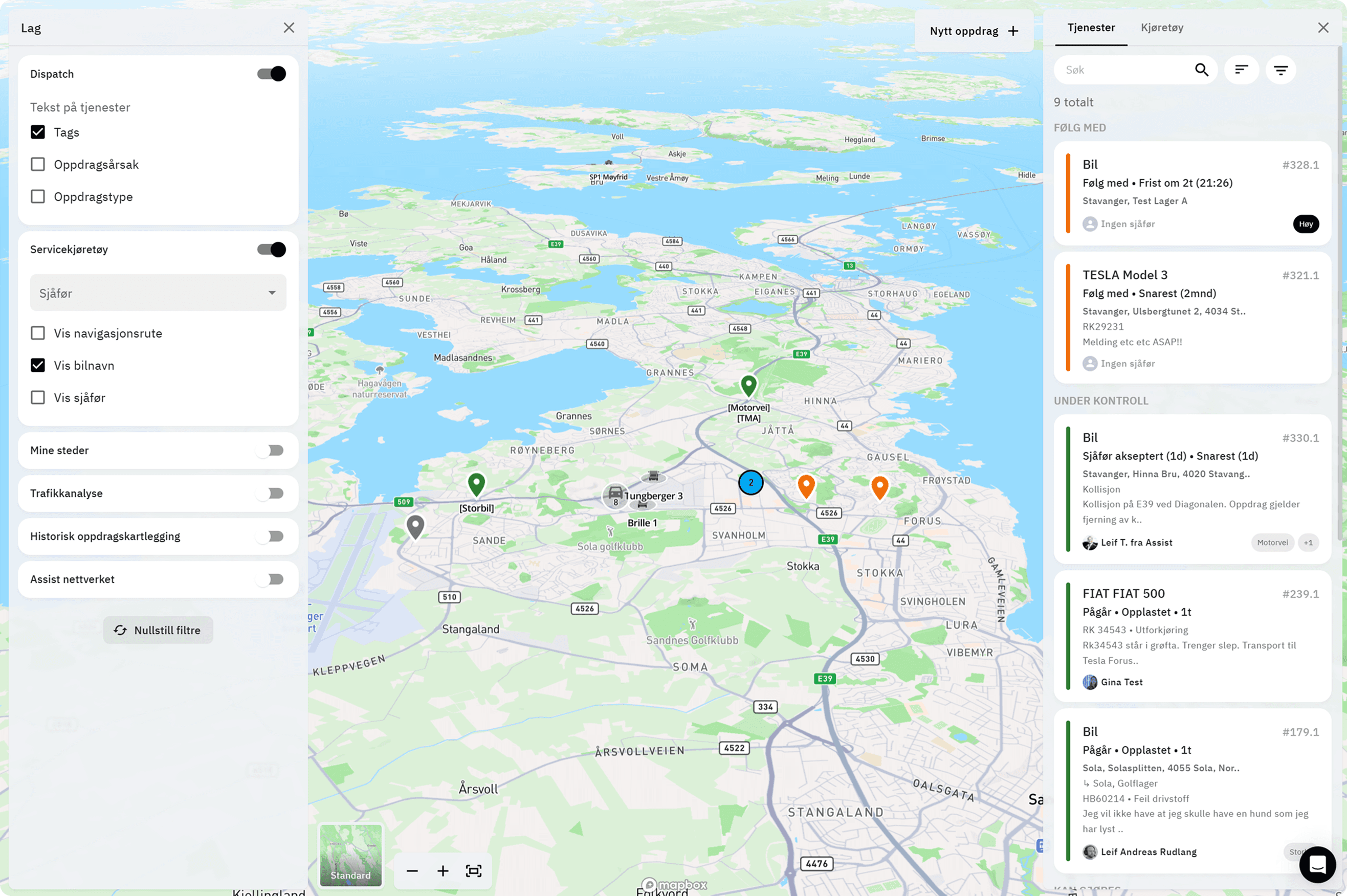 Assist dispatch-kart med aktive tjenester og filtre